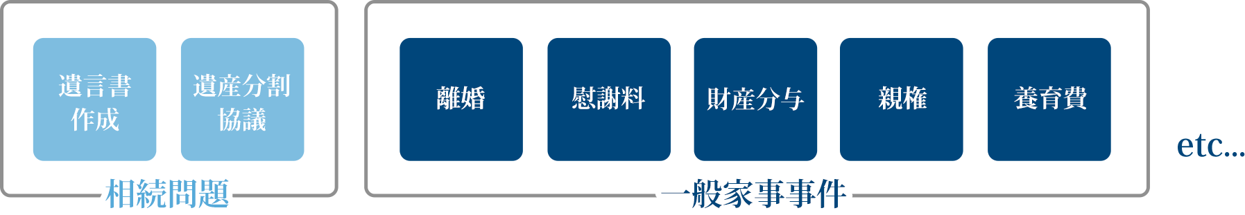 相続問題・遺言書作成・遺産分割協議、一般家事事件・離婚・慰謝料・財産分与・親権・養育費